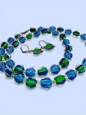 VTG Faceted Glass Necklace and‎ Earrings EUC Blue Green Handmade Lampwork Beads
